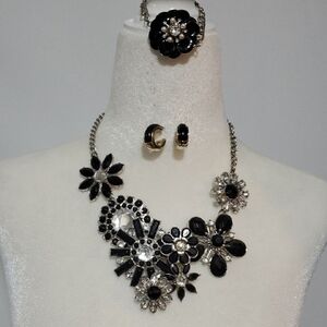 Black and Silver Floral 3 Piece Necklace Set with Crystal Accents